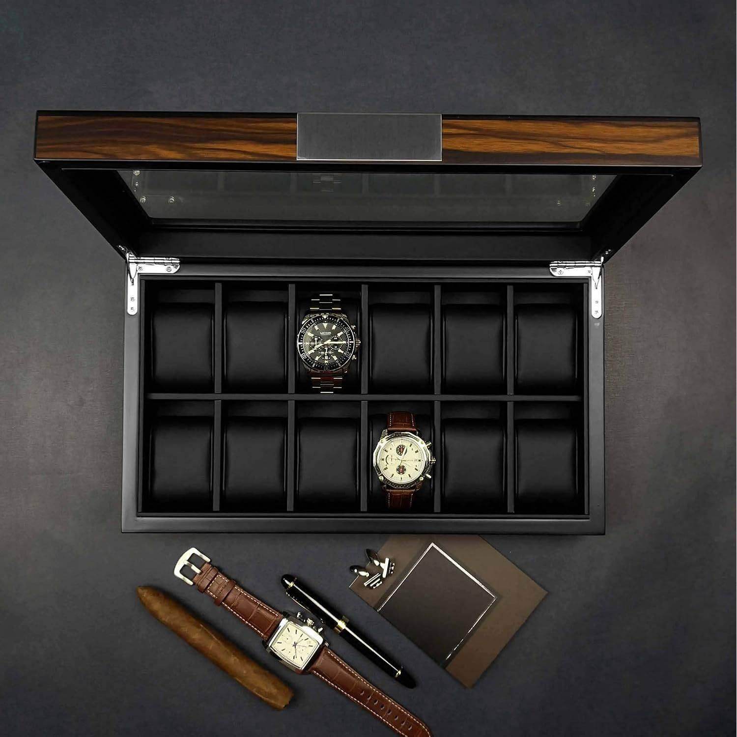 12 Watch Box for Men Watch Display Case Wood Luxury Watch Box with Large Glass Window,Watch Organizer Box with Ultra Smooth PU Leather Interior - My Store