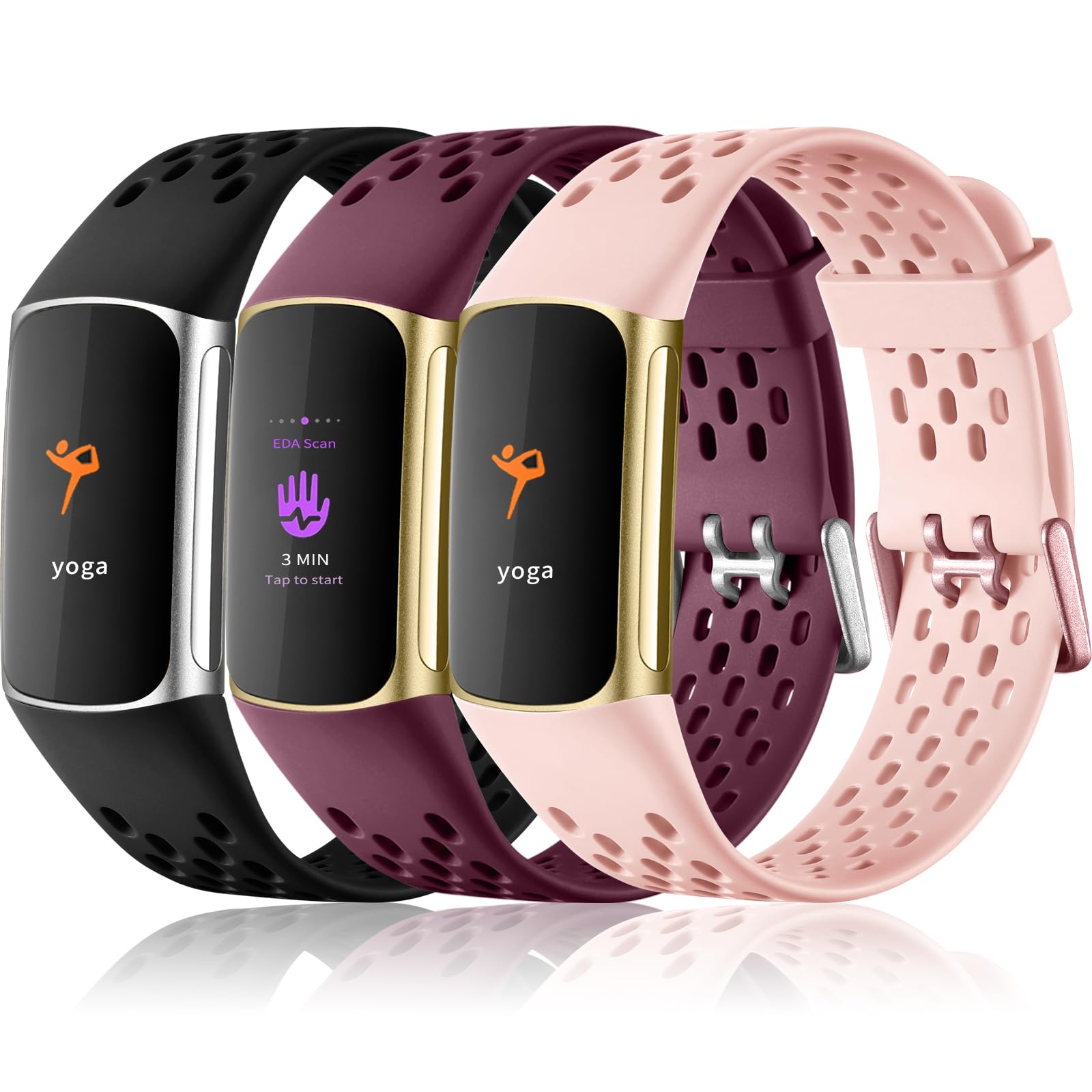 Buy now Maledan Compatible with Fitbit Charge 5/ Fitbit Charge 6 Bands Women Men, Breathable Sport Band Soft Waterproof Replacement Wristbands Strap for Fitbit Charge 5/ Charge 6 Advanced Fitness Tracker Wine Sand Pink Black at indiglob india