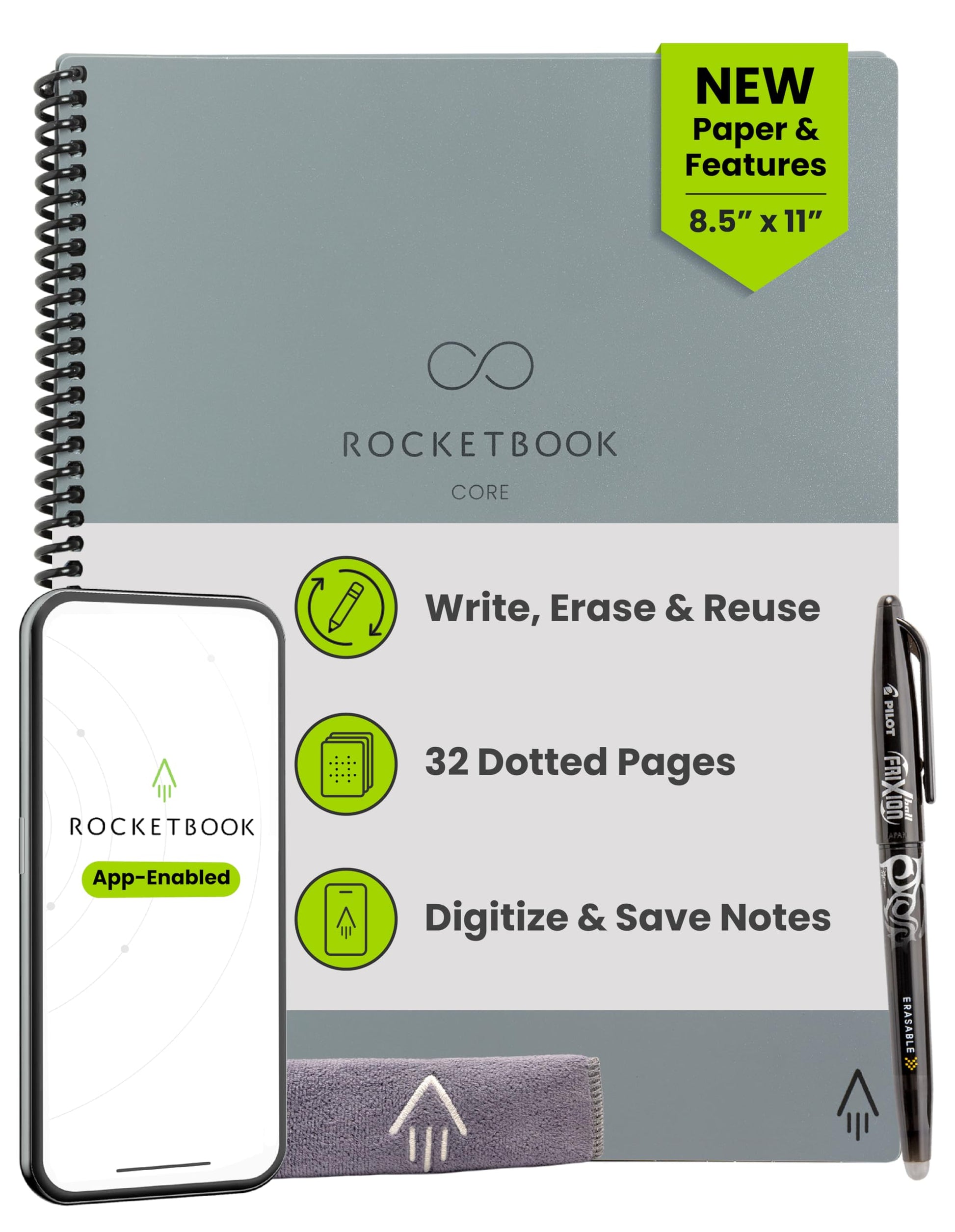 Buy now Rocketbook Core Reusable Spiral Notebook, Letter Size 8.5x11, Black - Dotted Pages, App-Connected, Erasable, Durable Cover, Ideal for School, Work, and Creative Projects Premium Letter Gray at indiglob india