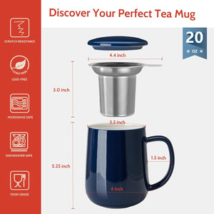 Sweese 20oz Porcelain Teacup with Infuser and Lid, Large Tea Mug for Loose Tea - Microwave and Dishwasher Safe, Insulated, Modern Design for Tea Lovers