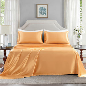 Satin Sheets King Size - 4 Pieces Luxury Silky Soft Bed Sheets, Wrinkle-Free Gold Satin Silk Sheet Set with 1 Deep Pocket Fitted Sheet, 1 Flat Sheet, 2 Pillow Cases