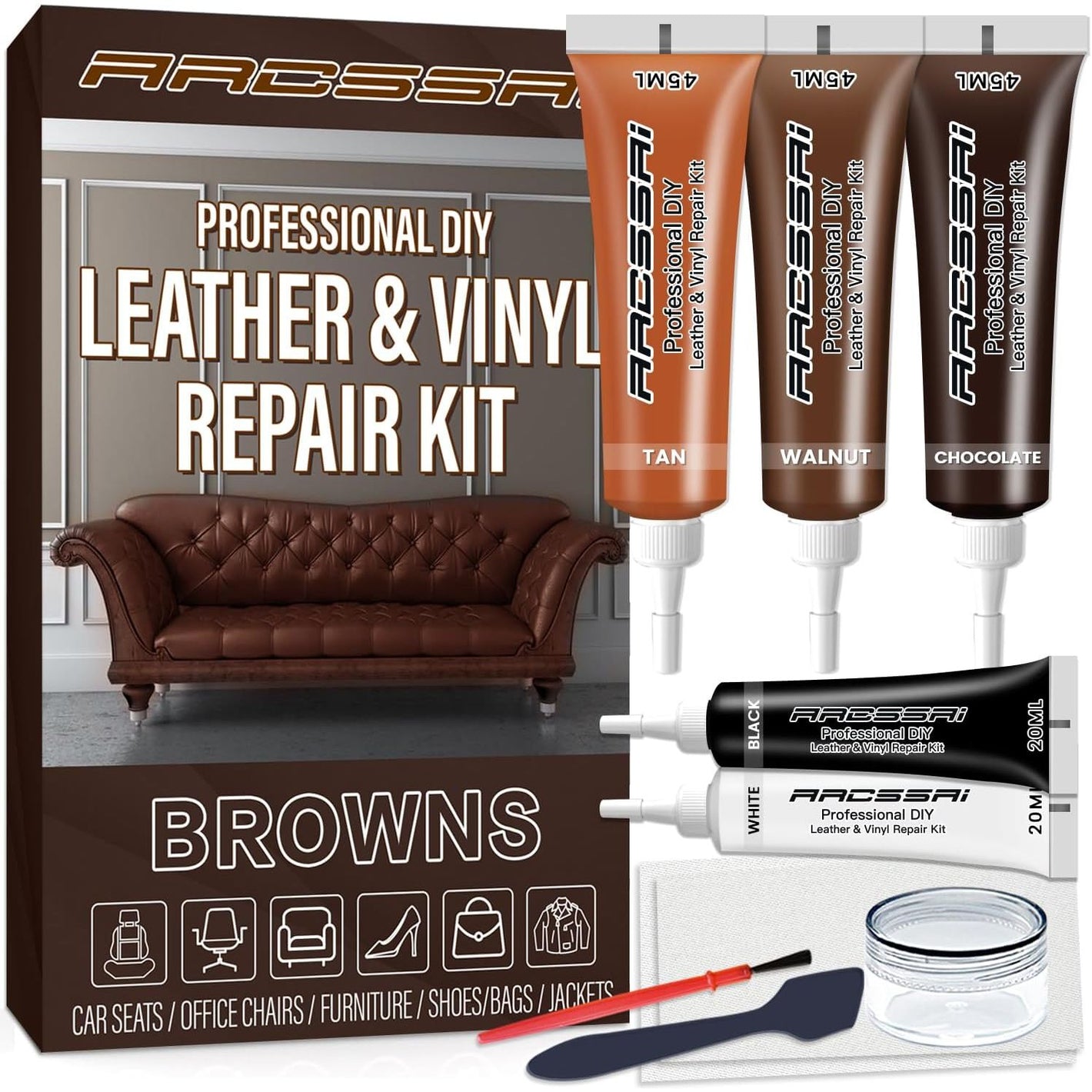 ARCSSAI ARCSSAL Brown Leather Repair Kit for Furniture, Leather Couch Repair Kit for Sofa, Jacket, Car Seats and Purse with Super Easy Instructions, Restores Any Material, Bonded, Pleather, Genuine