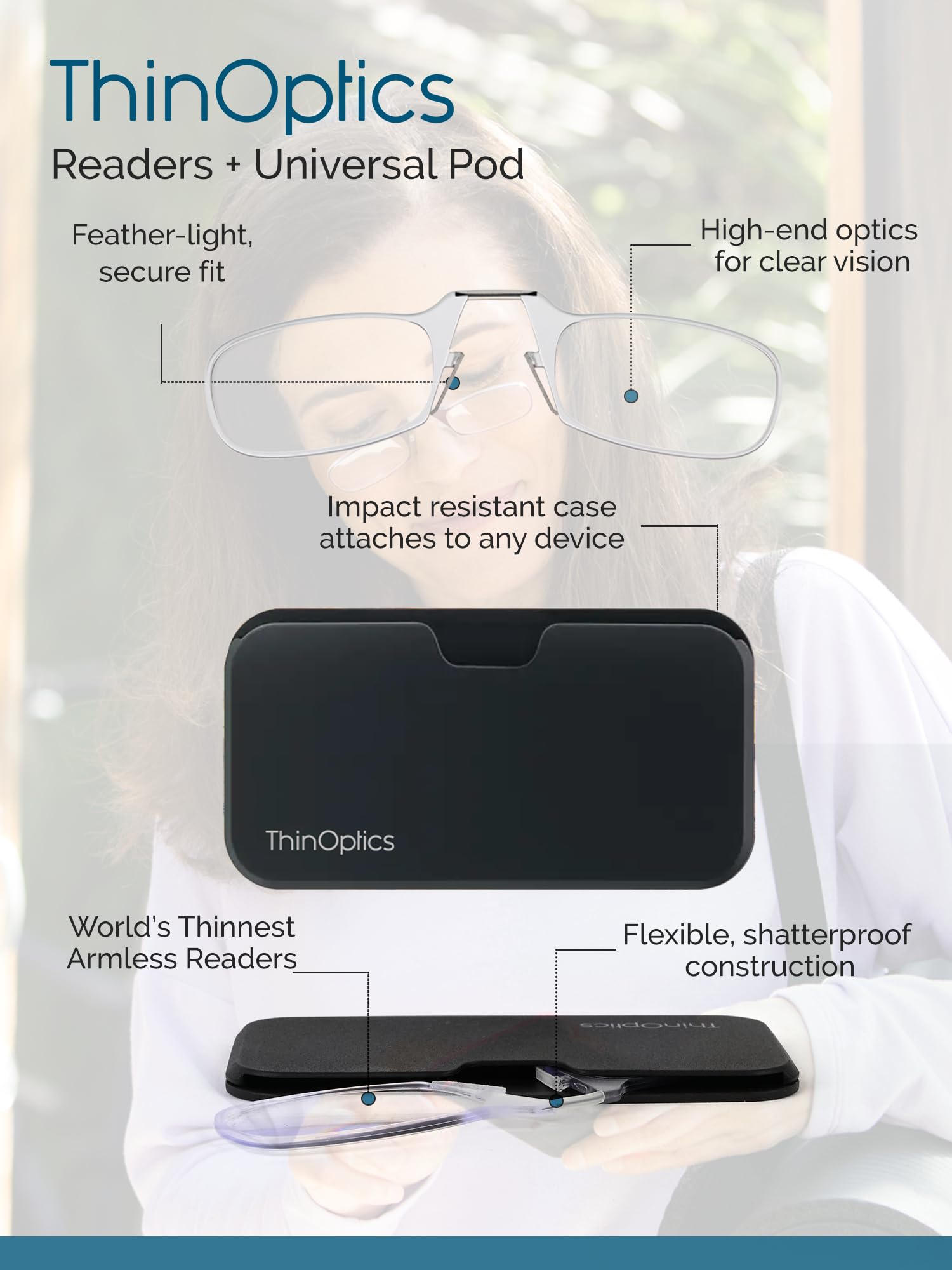 Buy now ThinOptics unisex-adult Reading Glasses + Black Universal Pod Case | Black Frames, 2.00 Strength Readers Black Frames / Black Case, 44 mm at indiglob india