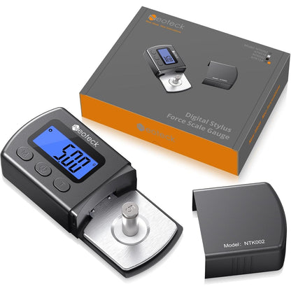 Neoteck Digital Turntable Stylus Force Gauge 0.01g/5.00g with Blue LCD Backlight Turntable Stylus Pressure Gauge with 5g Weight & Leather Case Accurate Tracking for Tonearm Phono Cartridge-Silver