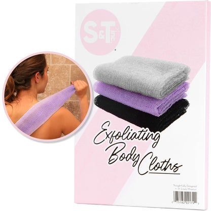 S&T INC. Back Scrubber for Shower, Exfoliating Body Scrubber or Bath Exfoliating Towel for Skin Care, 11.8 Inches x 35.4 Inches, Grey, 3 Pack