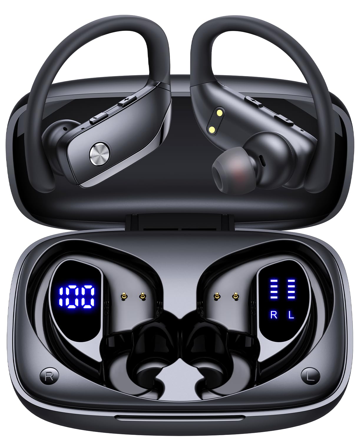 Buy now bmani Ear Buds Wireless Earbuds Bluetooth Headphones with 80H Playtime LED Display Case, Over-Ear Hook with Mic, Stereo Sound, Easy Button Controls, Sports Earphones for Running Workout Gym Black at indiglob india