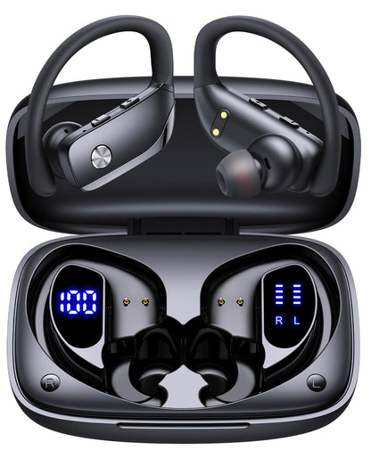 Buy now bmani Ear Buds Wireless Earbuds Bluetooth Headphones with 80H Playtime LED Display Case, Over-Ear Hook with Mic, Stereo Sound, Easy Button Controls, Sports Earphones for Running Workout Gym Black AI Buds Pro Black at indiglob india