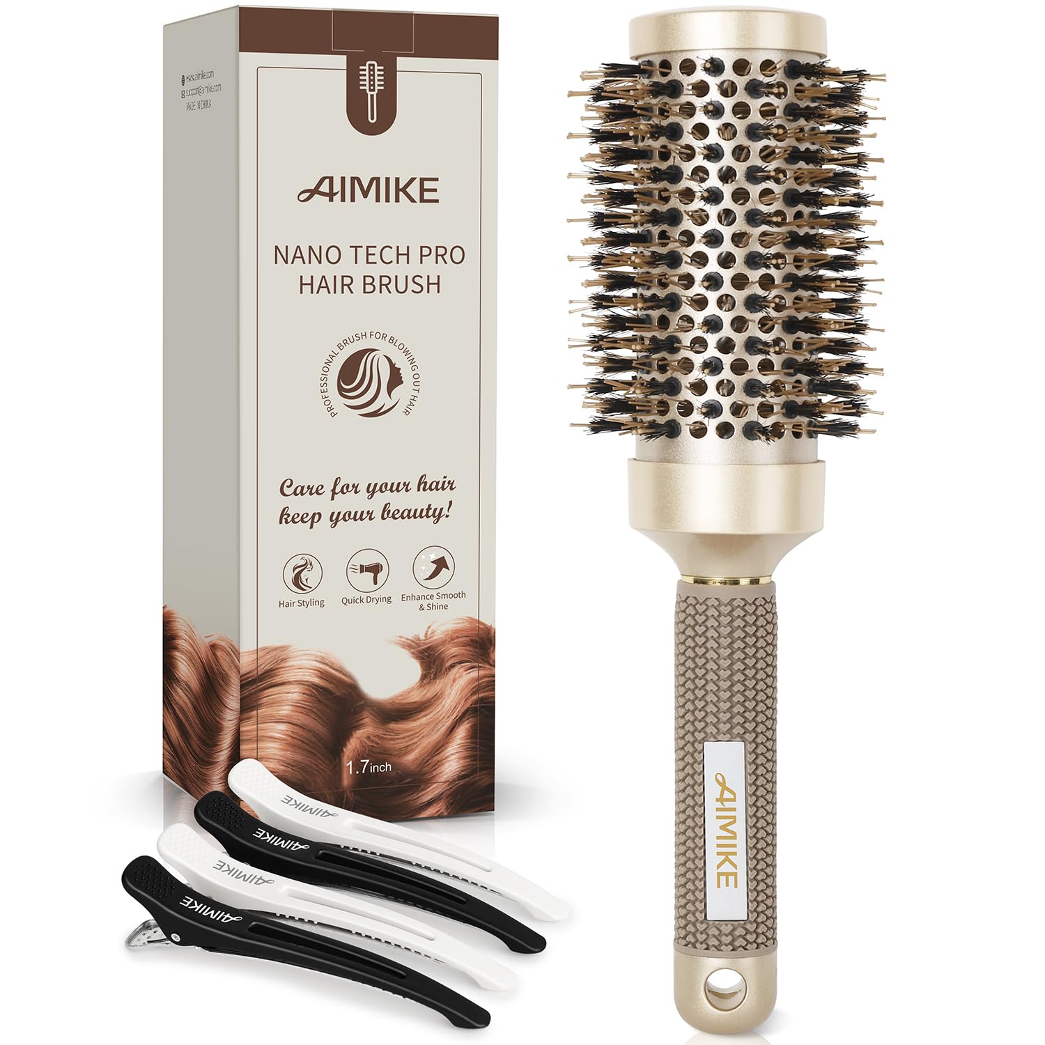 Buy now AIMIKE Round Hair Brush, Nano Thermal Ceramic & Ionic Tech, 2.1 Inch Barrel with Boar Bristles for Enhanced Texture, Golden, Hair Drying, Styling, Curling and Shine + 4 Free Clips 43mm-1.7 Inch (2.9 Inch with Bristles) at indiglob india