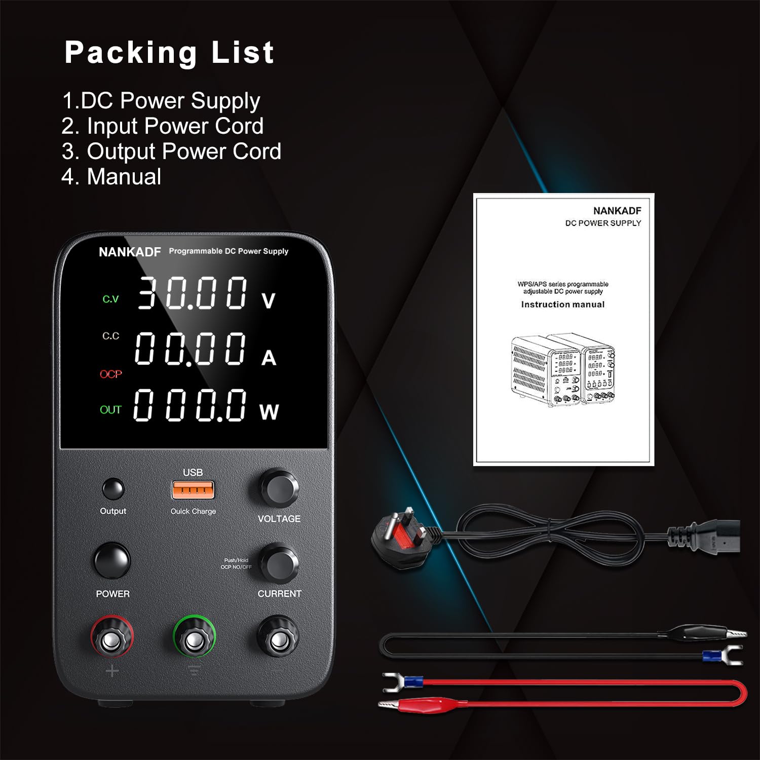 Buy now DC Power Supply Variable, Bench Power Supply with Encoder Adjustment Knob, Output Enable/Disable Button, Adjustable Power Supplies with USB Quick-Charge, Short Circuit Alam (30V 10A Black) at indiglob india