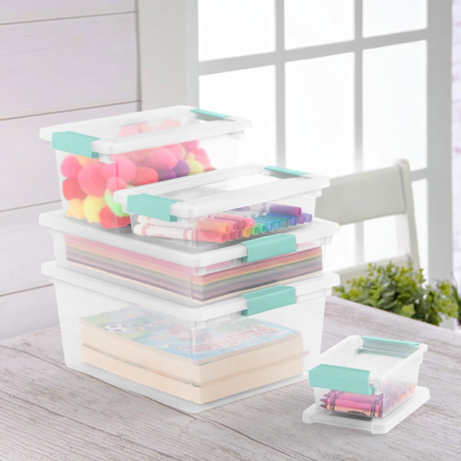 Buy now Sterilite 4-Pack Clip Box, Stackable Clear Plastic Bins with Latching Lids, Deep - Writing, Arts or Crafts Supplies Storage Containers for Home, Office, Classroom and Workshop Organization at indiglob india