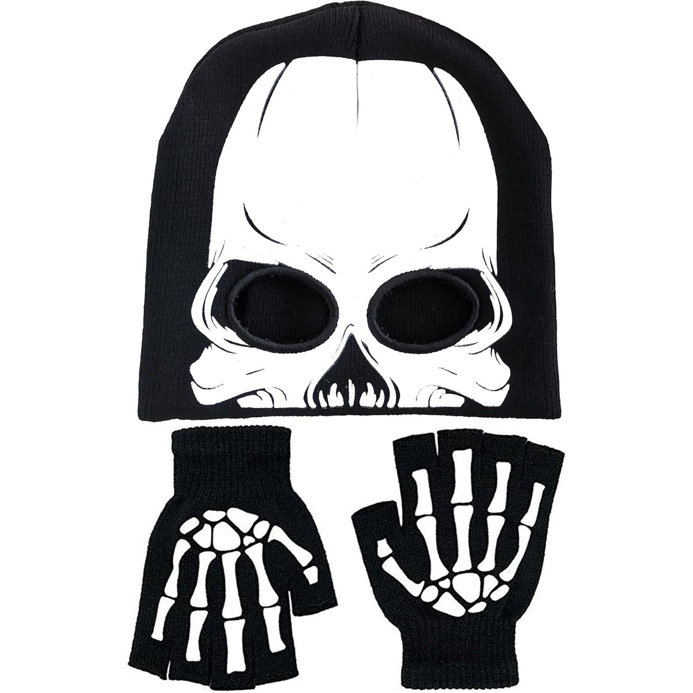 Skeleton Face Mask Knit Beanie with Eye Holes Halloween Skull Dress Up Headdress Cap Winter Warm Hat