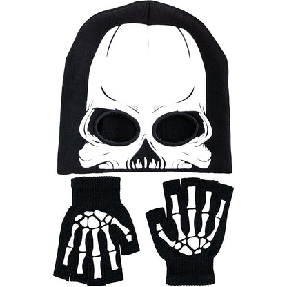 Skeleton Face Mask Knit Beanie with Eye Holes Halloween Skull Dress Up Headdress Cap Winter Warm Hat