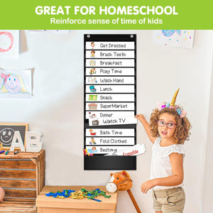 EAMAY Daily Schedule Pocket Charts, Teacher Schedule Chart with Resuable 18 Custom Cards, Classroom Pocket Chart for School Office or Homeschool Activities, Black