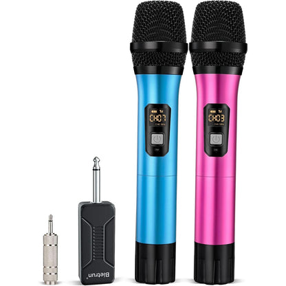 Bietrun Wireless Microphone, Professional UHF Metal Dual Handheld Cordless Dynamic Mic System Set with Rechargeable Receiver, 1/4‘’Output, Plug and Play, Instrument-Wireless-Mics for Karaoke, Wedding