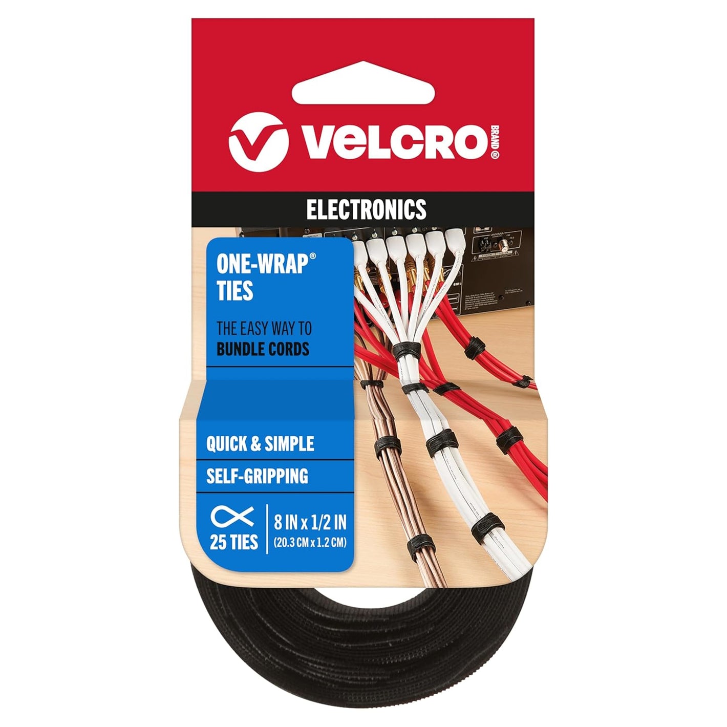 VELCRO Brand ONE-WRAP Cable Ties | 25Pk | 8 x 1/2" Black Cord Organization Straps | Thin Pre-Cut Design | Wire Management for Organizing Home, Office and Data Centers