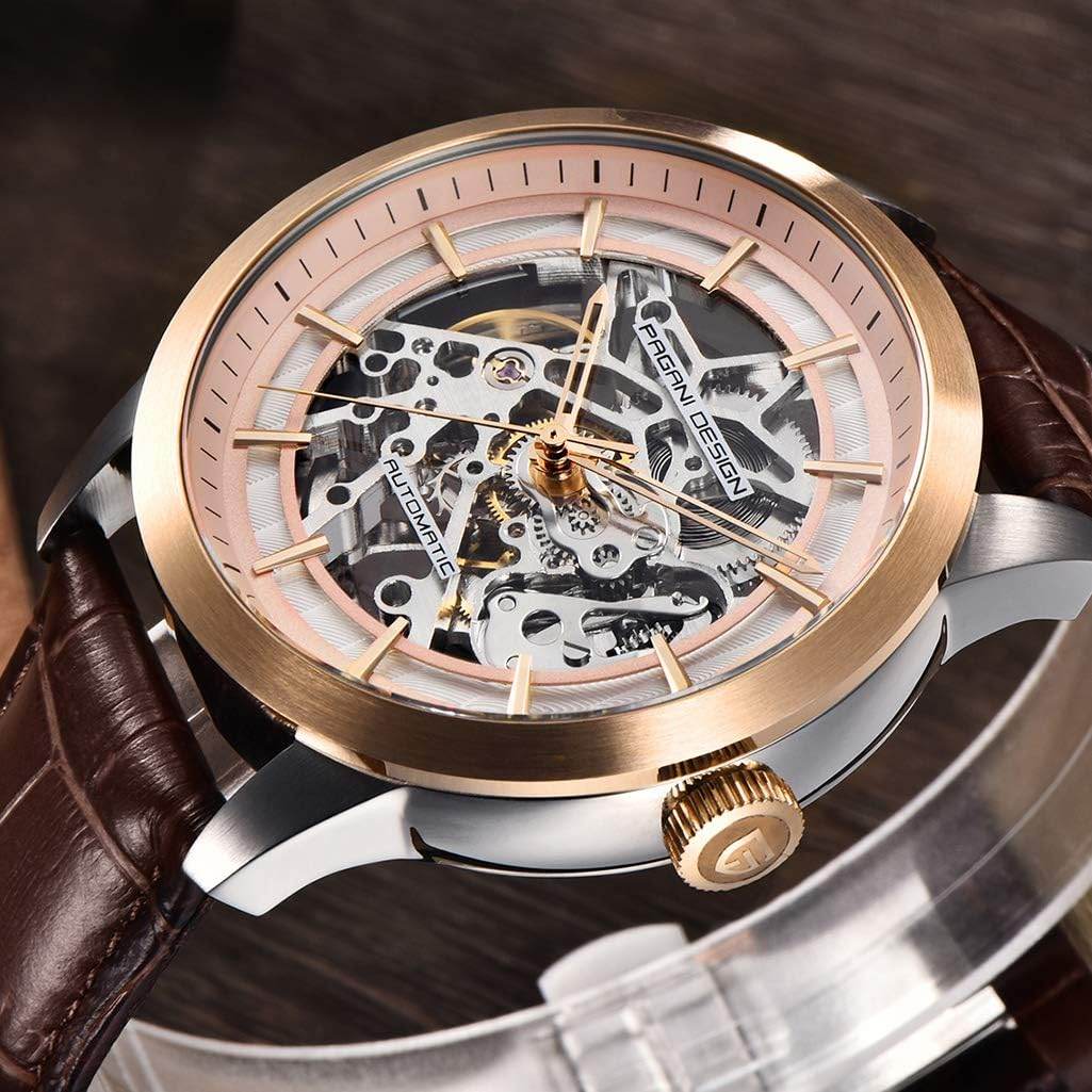 Automatic Mens Watches Skeleton Mechanical Wrist Watch for Men Waterproof Genuine Leather Watchband Luxury Self-Winding Stainless Steel Analog Watch for Men Collection (Brown Gold 1638) - My Store