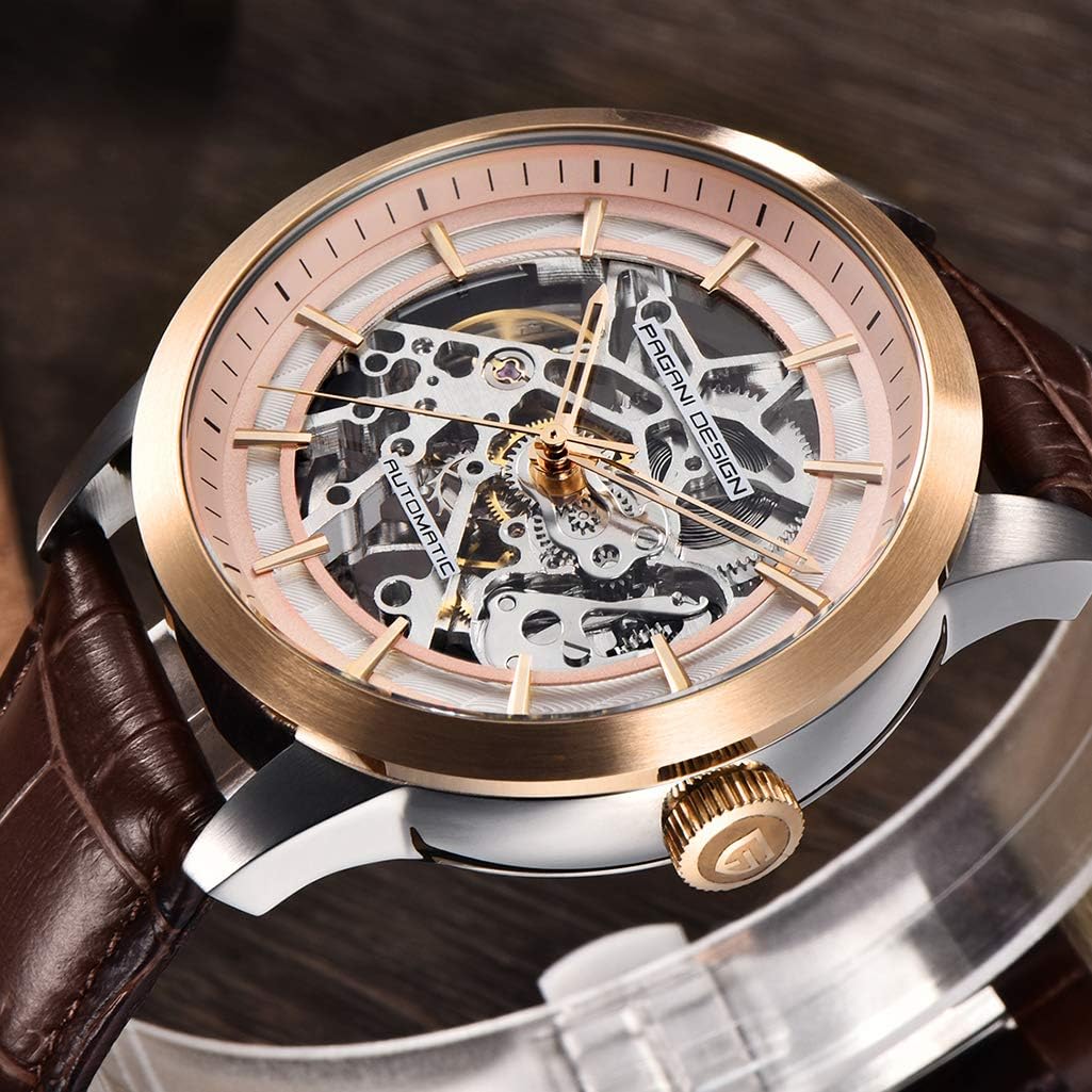 Buy now Pagani Design Automatic Mens Watches Skeleton Mechanical Wrist Watch for Men Waterproof Genuine Leather Watchband Luxury Self-Winding Stainless Steel Analog Watch for Men Collection (Brown Gold 1638) at indiglob india