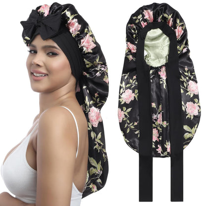 AWAYTR Long Satin Bonnet for Women - Double Layer Elastic Silk Bonnet for Braids Hair Sleeping Cap with Tie Band (Rose Gold)