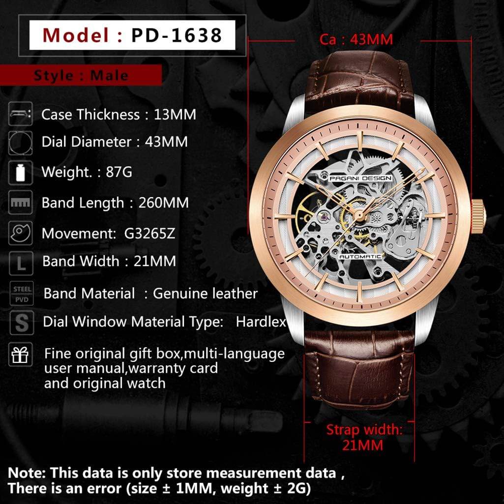 Automatic Mens Watches Skeleton Mechanical Wrist Watch for Men Waterproof Genuine Leather Watchband Luxury Self-Winding Stainless Steel Analog Watch for Men Collection (Brown Gold 1638) - My Store
