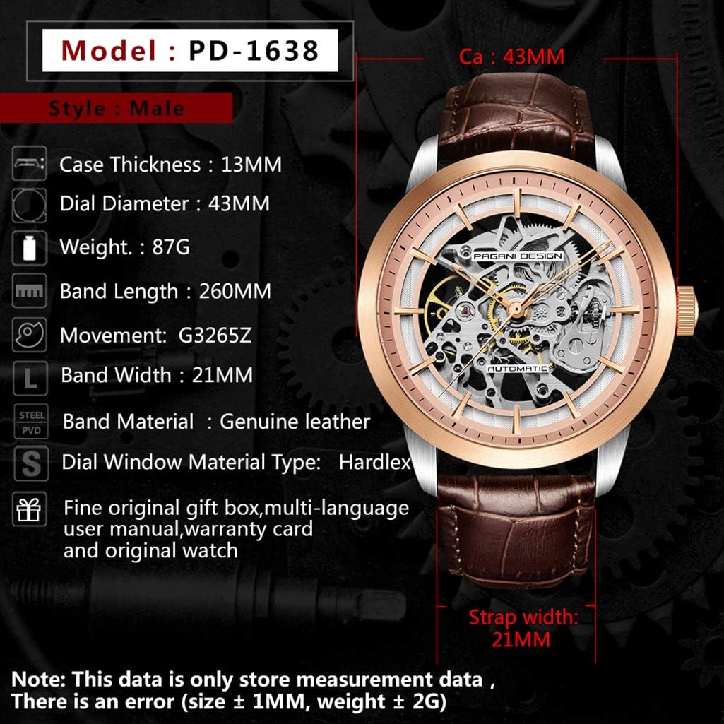 Buy now Pagani Design Automatic Mens Watches Skeleton Mechanical Wrist Watch for Men Waterproof Genuine Leather Watchband Luxury Self-Winding Stainless Steel Analog Watch for Men Collection (Brown Gold 1638) at indiglob india