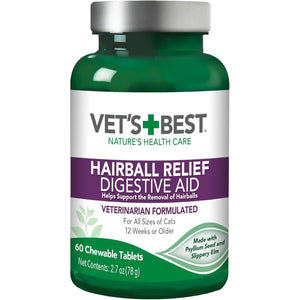 Vet’s Best Cat Hairball Relief Digestive Aid, Vet Formulated Hairball Support Remedy, Hairball Relief for Cats, Classic Chicken Flavor, 60 Chewable Tablets