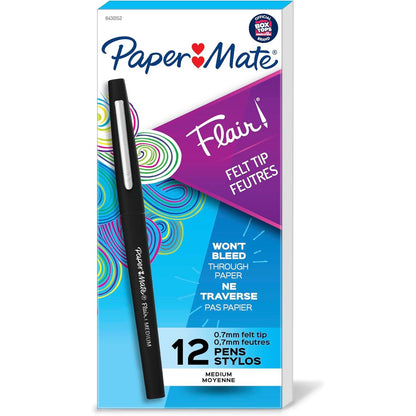 Paper Mate Flair Felt Tip Pens, Medium Point (0.7mm), Black, 12 Count