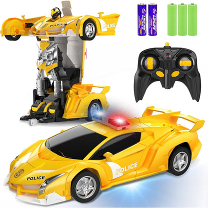 FDJ Remote Control Car - Transform Toys Car Robot, One Button Deformation to Robot with Flashing Light, 2.4Ghz 1:18 Scale Transforming Police Car Kids Toys with 360 Degree Rotating, Girls Boys Toys