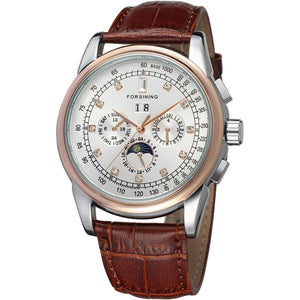 Buy now FORSINING Men's Automatic Self Winding Moon Phase Watch with Brown Leather Strap Analogue Display FSG319M3T4 at indiglob india