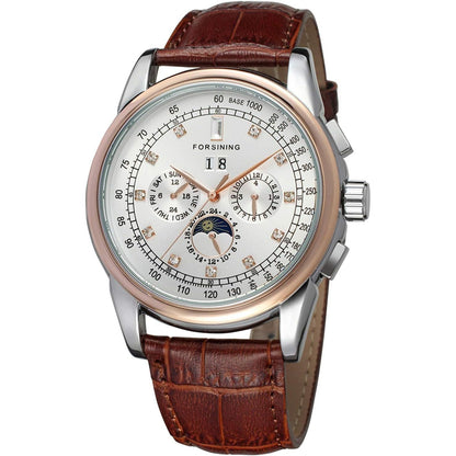 Buy now FORSINING Men's Automatic Self Winding Moon Phase Watch with Brown Leather Strap Analogue Display FSG319M3T4 at indiglob india