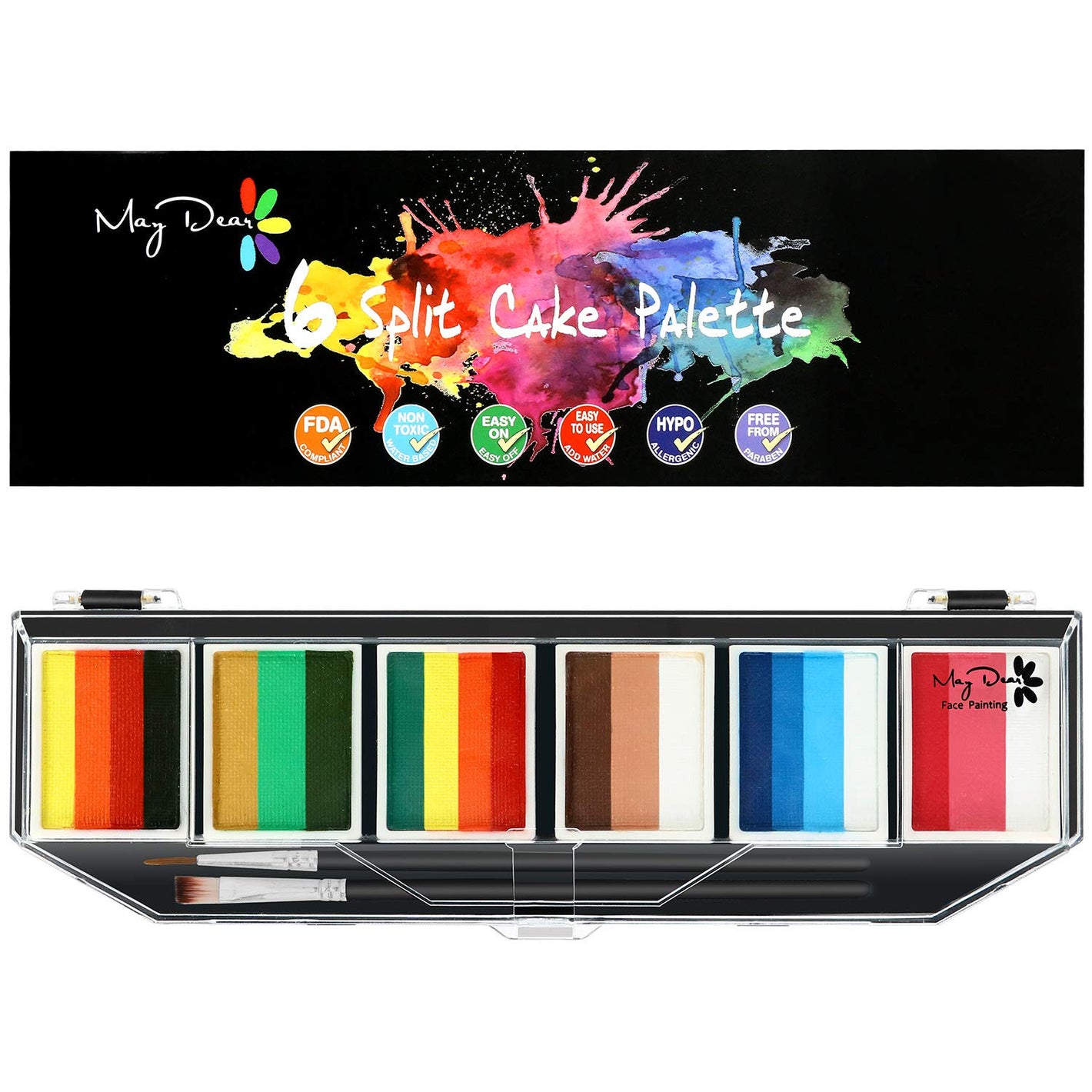 Maydear Face Painting Kit for Kids & Adults with 6 Colors Split Cake Palette, 2 Brushes, Safe & Non-Toxic Water Based Makeup Face Paint Kit