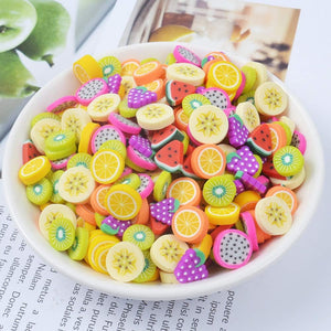 100 Pack Fruit Slime Charms Resin Flatbacks Buttons Polymer Clay Beads for Miniature Fairy Garden Hair Accessories DIY Scrapbooking Phone Case (Multi)