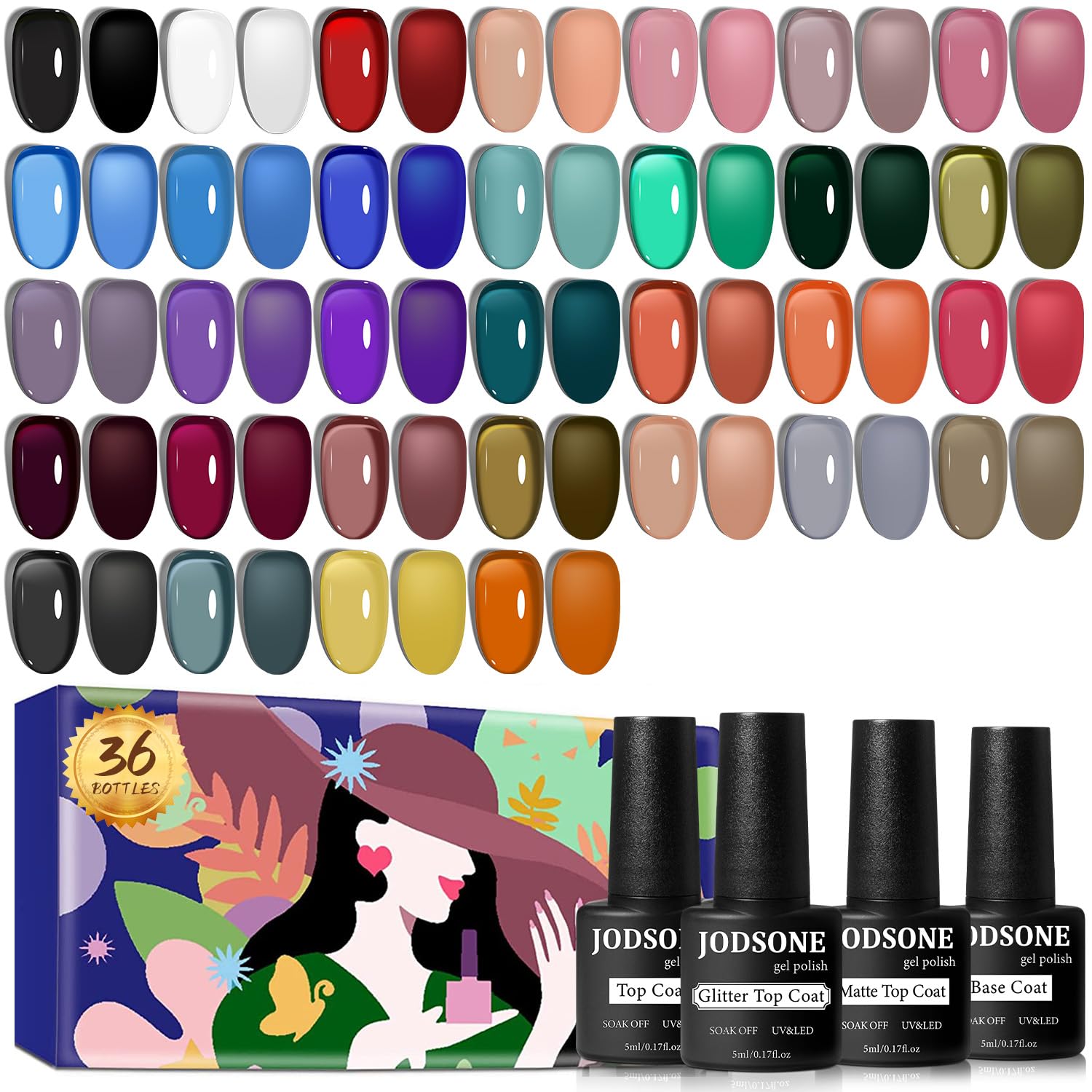 Buy now JODSONE 36 PCS Gel Nail Polish Set-32 Colors Gel Polish Kit Base Coat Glossy Matte and Glitter Top Coat Nail Polish Set Green Blue Red Pink Collection Gifts for Women at indiglob india