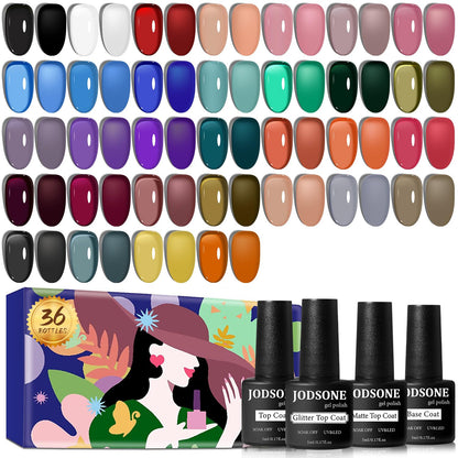 Buy now JODSONE 36 PCS Gel Nail Polish Set-32 Colors Gel Polish Kit Base Coat Glossy Matte and Glitter Top Coat Nail Polish Set Green Blue Red Pink Collection Gifts for Women 32SET-Jelly at indiglob india