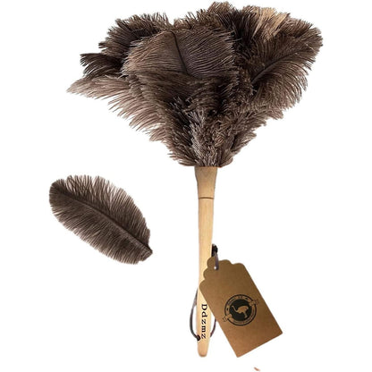 Feather Duster, Feather Dusters for Cleaning Ddzmz Fluffy Natural Genuine Ostrich Feathers with Wooden Handle Reusable Handheld Ostrich Feather Duster Cleaning Supplies, Gray and Brown(Length 16")