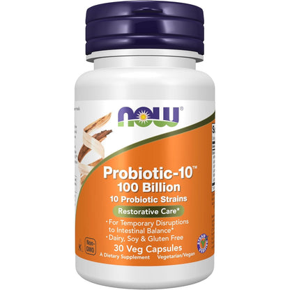 NOW Foods Supplements, Probiotic-10™, 100 Billion, with 10 Probiotic Strains,Dairy, Soy and Gluten Free, Strain Verified, 30 Veg Capsules