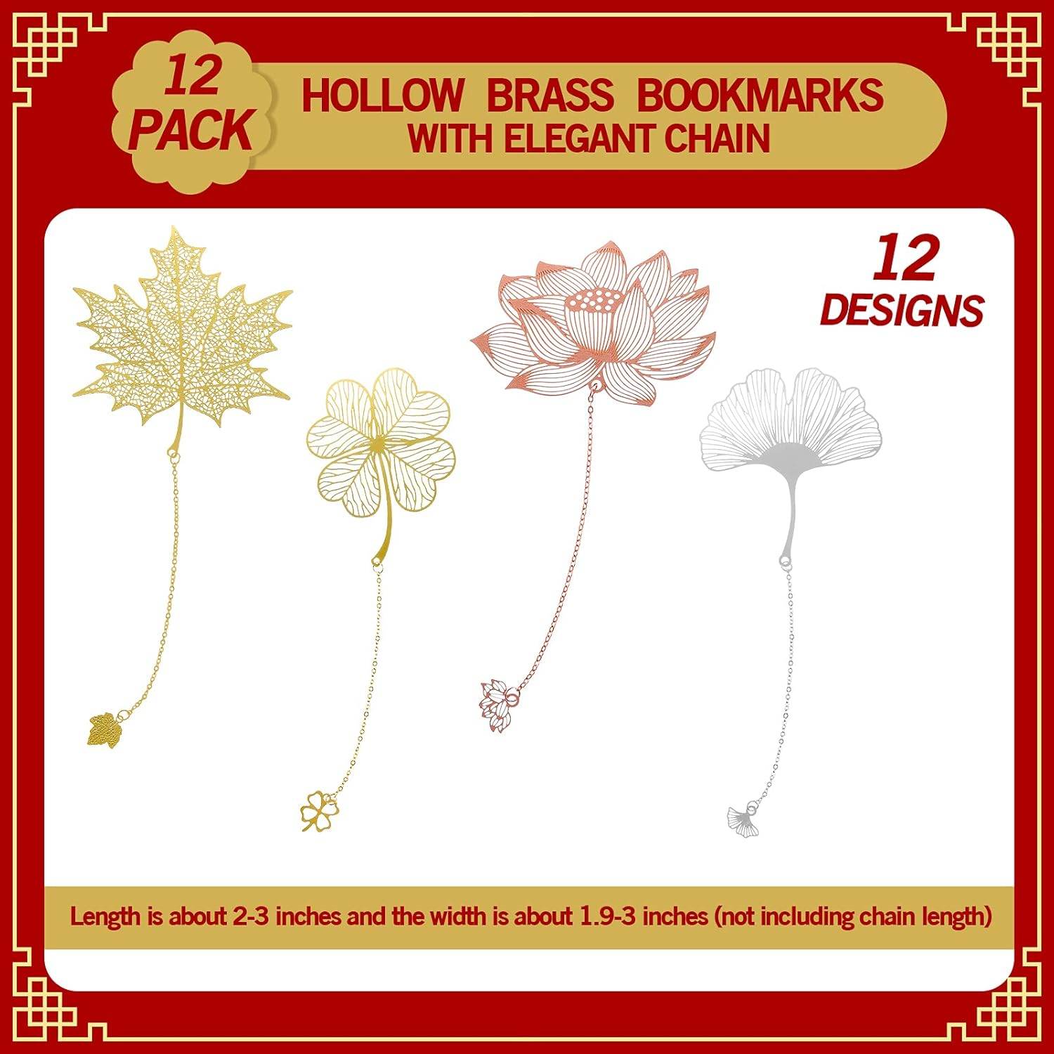 12 Pieces Metal Bookmarks with Chain for Women Metal Leaf Bookmark for Book Lovers Writers Readers Children Teens Adults Gold Silver and Rose Gold(Chain Style) - My Store