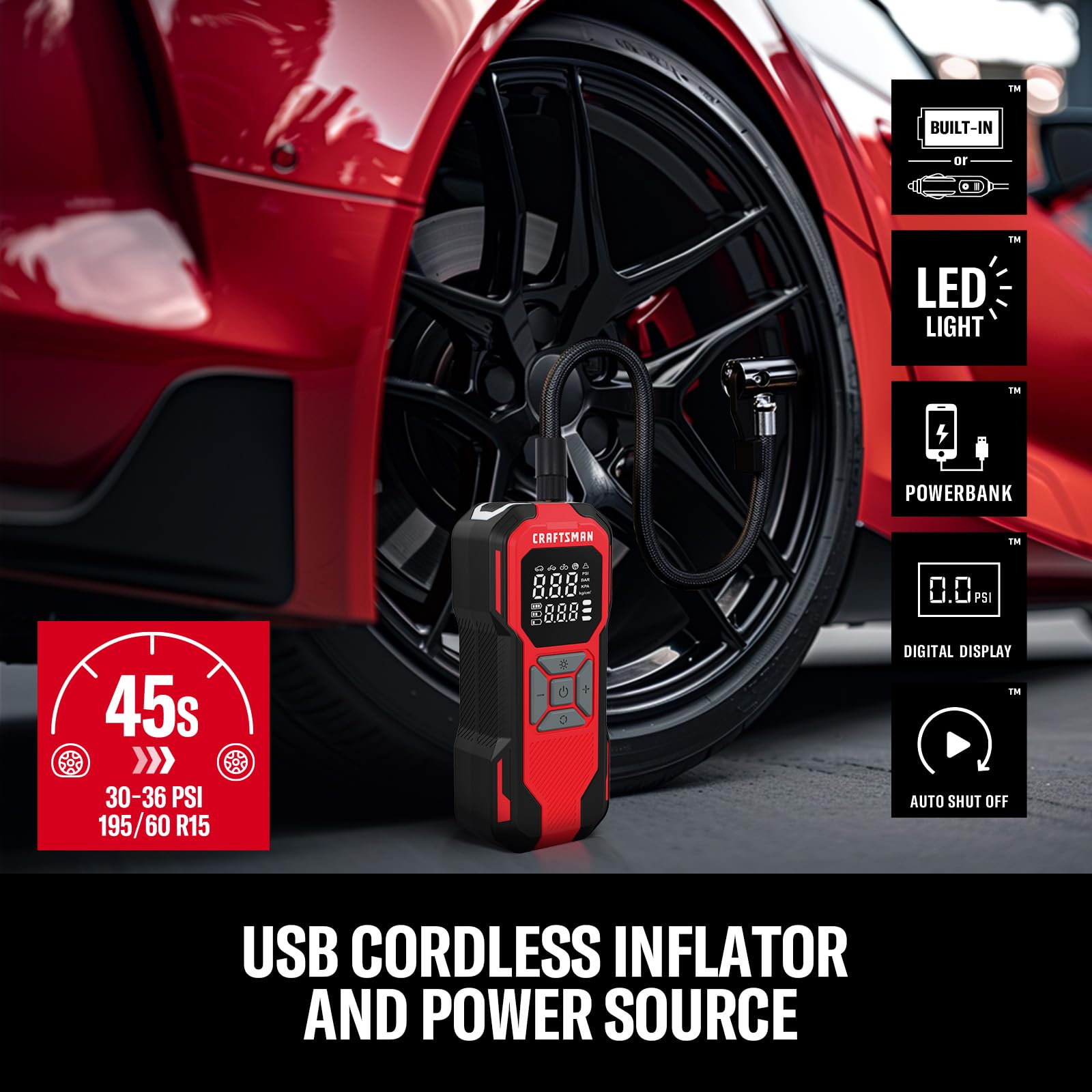 Buy now CRAFTSMAN Tire Inflator Portable Air Compressor, Cordless Mini Air Pump for Car Tires with Digital Tire Pressure Gauge, 6000mAh Battery Powered Air Pump, Max Pressure 150 PSI, 12V DC Corded at indiglob india