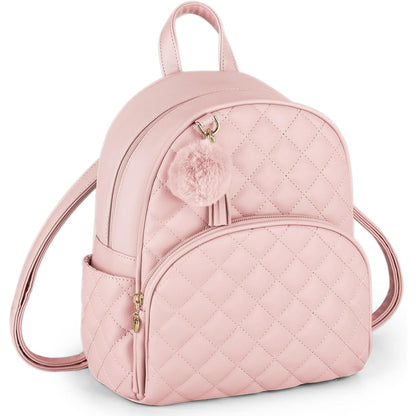 ECOSUSI Mini Backpack for Women Leather Small Backpack Purse for Ladies Cute Pom Bookbag Travel Shoulder Bag with Charm Tassel Beige