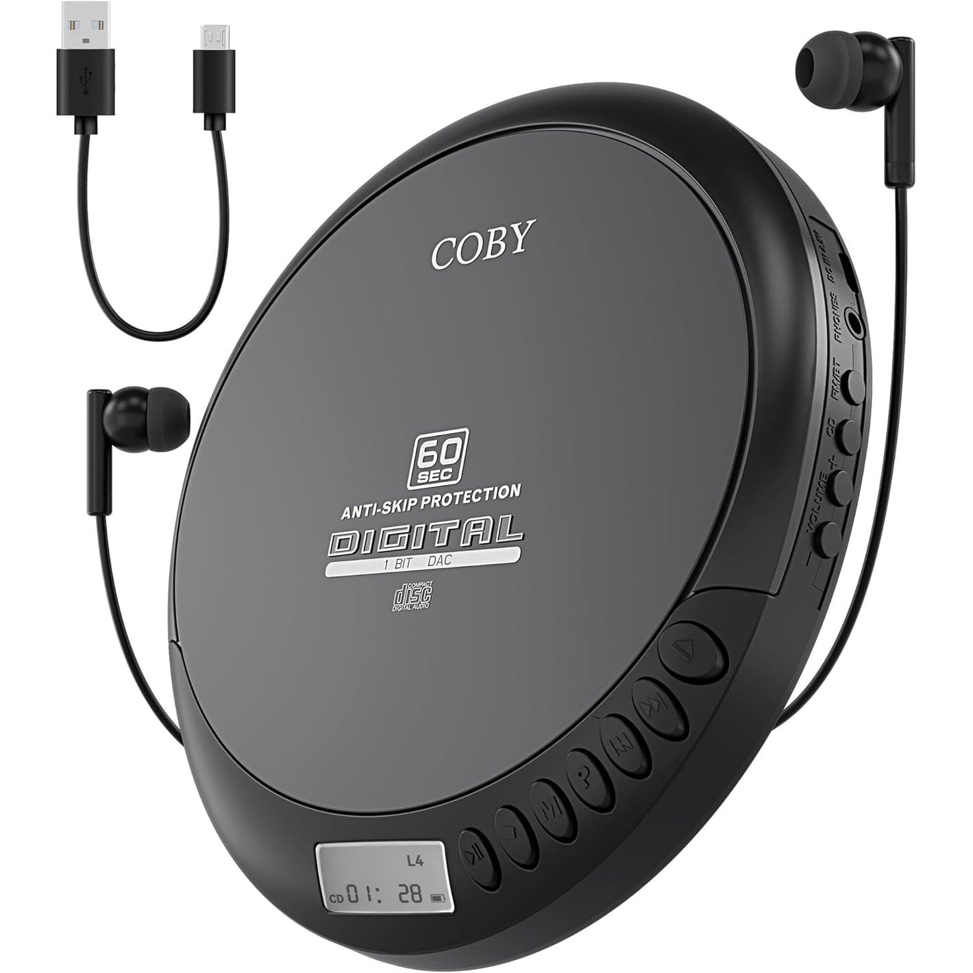 Coby Portable CD Player with Headphones, FM Radio and MP3 Compatible, LCD Display, 60-Second Anti-Skip Protection, Shockproof Design for Easy Travel, Includes Micro USB Cable for Charging