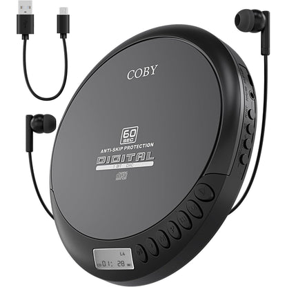 Coby Portable CD Player with Headphones, FM Radio and MP3 Compatible, LCD Display, 60-Second Anti-Skip Protection, Shockproof Design for Easy Travel, Includes Micro USB Cable for Charging