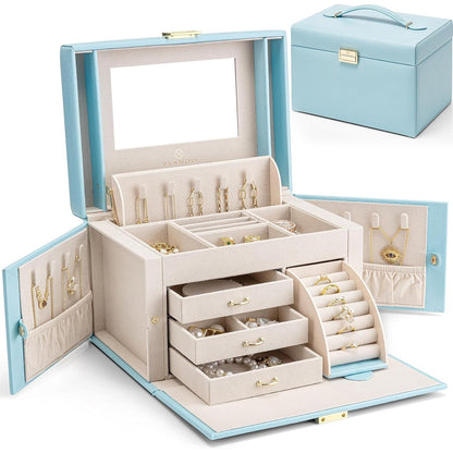 Vlando Jewelry Box Organizer for Girls Women, Large Baroque Jewelry Holder Organizer with Mirror, 3 Drawers for Bracelets, Earrings, Rings, Necklaces, Mothers Day for Loved One, Pink