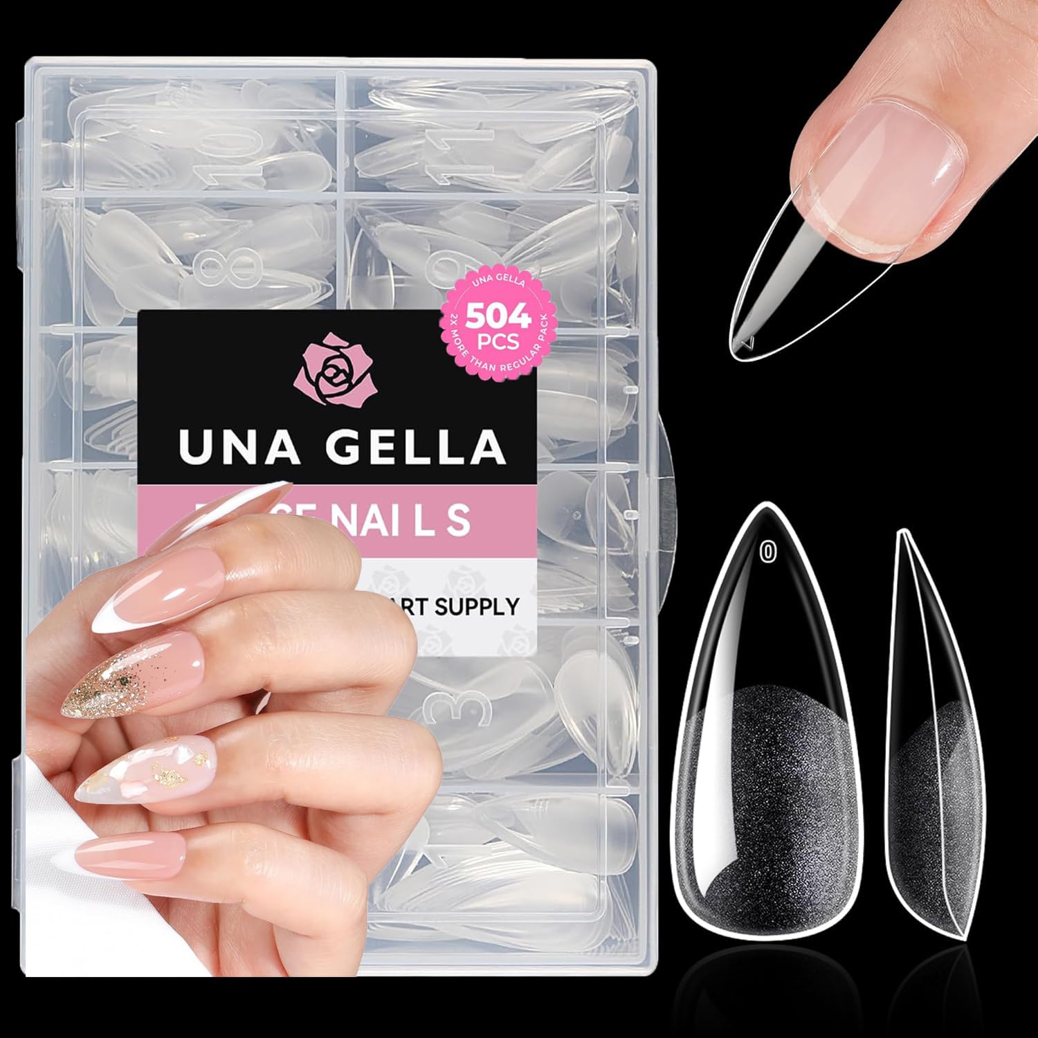 Buy now UNA GELLA Almond Gel Nail Tips, 504PCS Pre Etched Clear Fake Nails Tips Medium Almond Shape - 12 Sizes Full Cover Soft Acrylic Press On Nail Extensions No C Curve Gift for Diy at Home Medium Stiletto at indiglob india