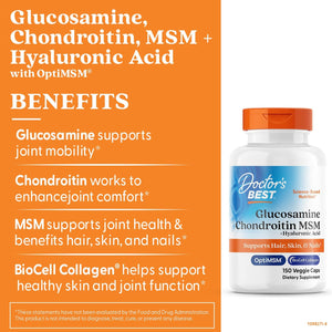 Doctor's Best Glucosamine Chondroitin MSM + Hyaluronic Acid with OptiMSM Featuring Biocell Collagen, Joint Support, Non-GMO, Gluten & Soy Free, 150 Caps