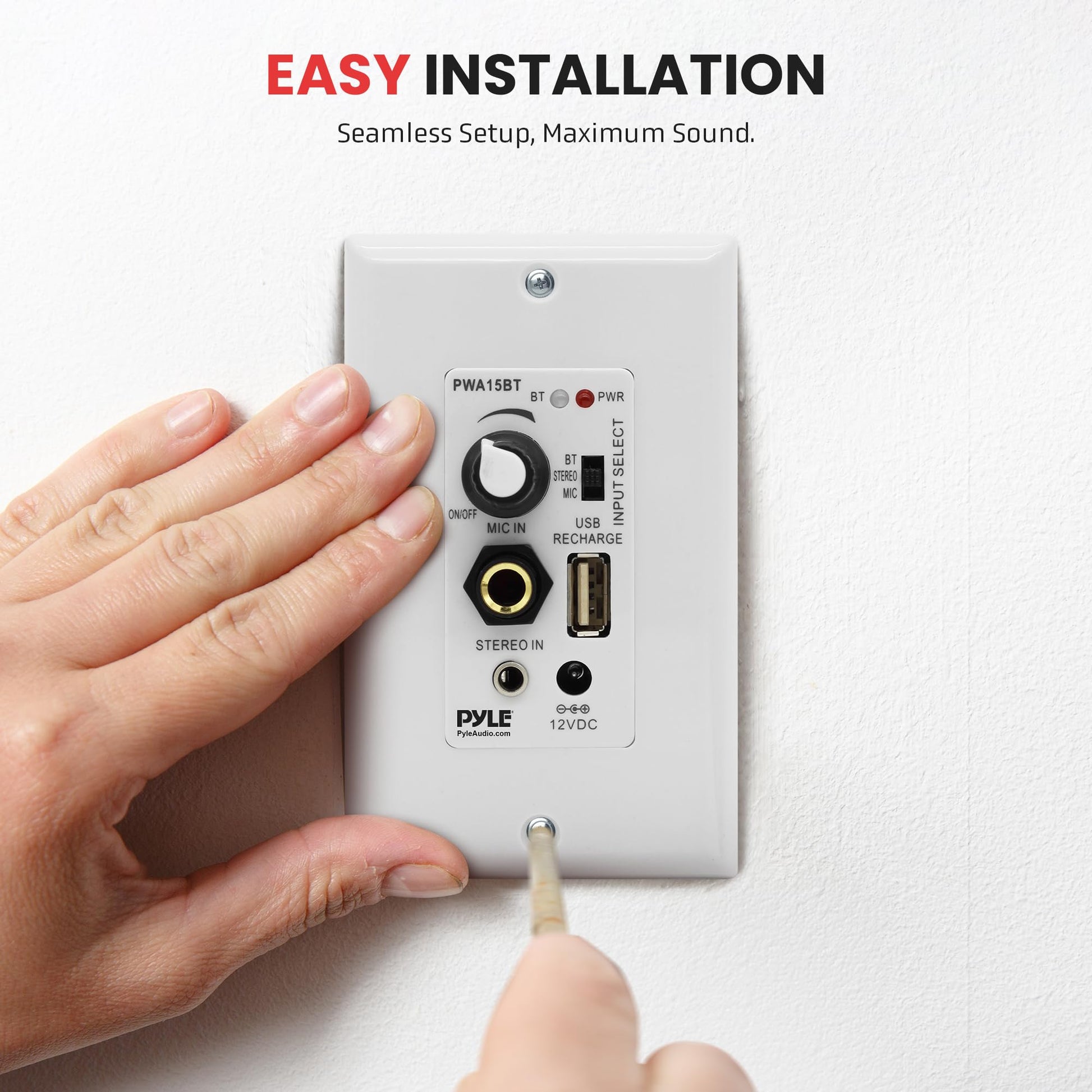 Buy now Pyle Bluetooth Receiver Wall Mount - in-Wall Audio Control with Built-in Amplifier | USB, Microphone, Aux (3.5mm) Input | Terminal Block | Connect 2 Speakers | 100 Watt - PWA15BT.5 at indiglob india