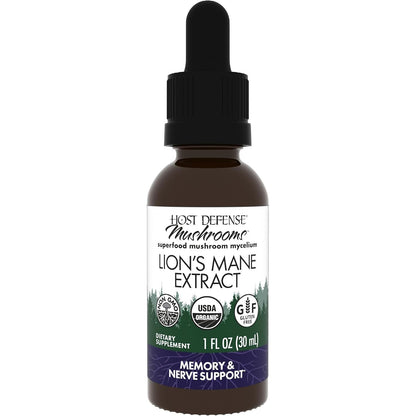 Host Defense Mushrooms Lion's Mane Extract - Lion's Mane Liquid Supplement for Brain Health - Mushroom Support for Focus & Memory Function - Immune & Nervous System Support - 1 fl oz (30 Servings)*