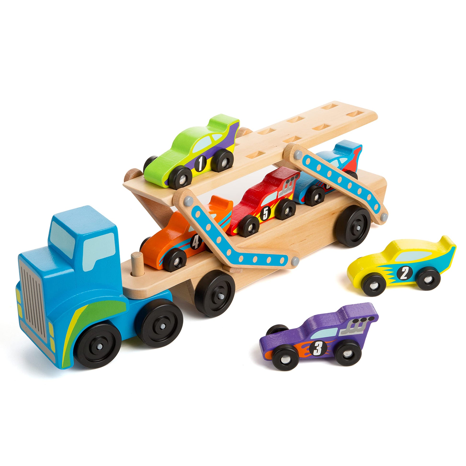 Buy now Melissa & Doug Mega Race-Car Carrier - Wooden Tractor and Trailer with 6 Unique Race Cars at indiglob india