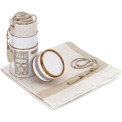 Muslim Prayer Rug and Prayer Beads with Elegant Cylinder Gift Box | Janamaz | Sajadah | Soft Islamic Prayer Rug | Islamic Gifts Set | Prayer Carpet Mat, Taffeta Fabric, Pink