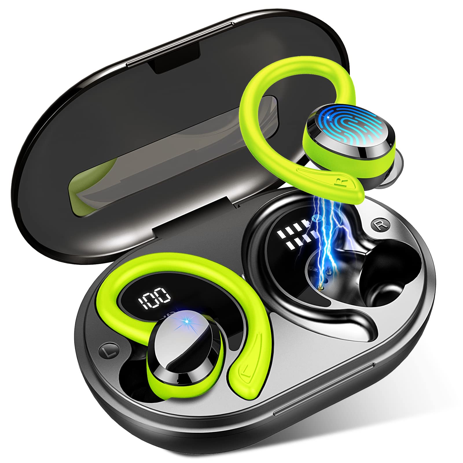 Buy now Ltinist Wireless Earbud, Bluetooth 5.3 Headphones Pure Bass Sound with Earhooks, 75H Battery Over Ear Headphones with Dual-LED Display, IP7 Waterproof Earphones Built-in Microphone for Running Sports T-Green at indiglob india