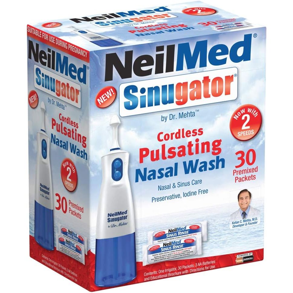 NeilMed Sinugator Cordless Pulsating Nasal Wash Kit with One Irrigator, 30 Premixed Packets and 3 AA Batteries(Pack of 1)