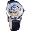 FORSINING Men's Skeleton Moon Phase Watch Mechanical Self-Wind Tourbillon Dual Time Zone Watches Automatic Luxury Leather Strap Large Dial Wristwatch - white